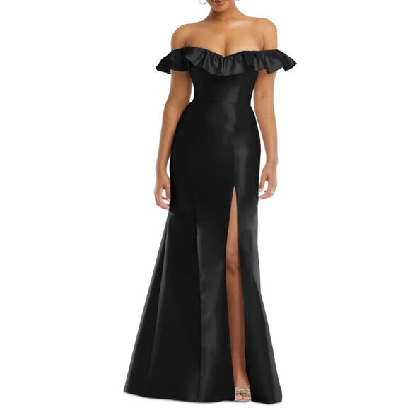 Alfred Sung Dresses & Skirts - NWT Alfred Sung Black Gown SZ 14 R Women Off Shoulder Ruffle Neck Satin Trumpet
